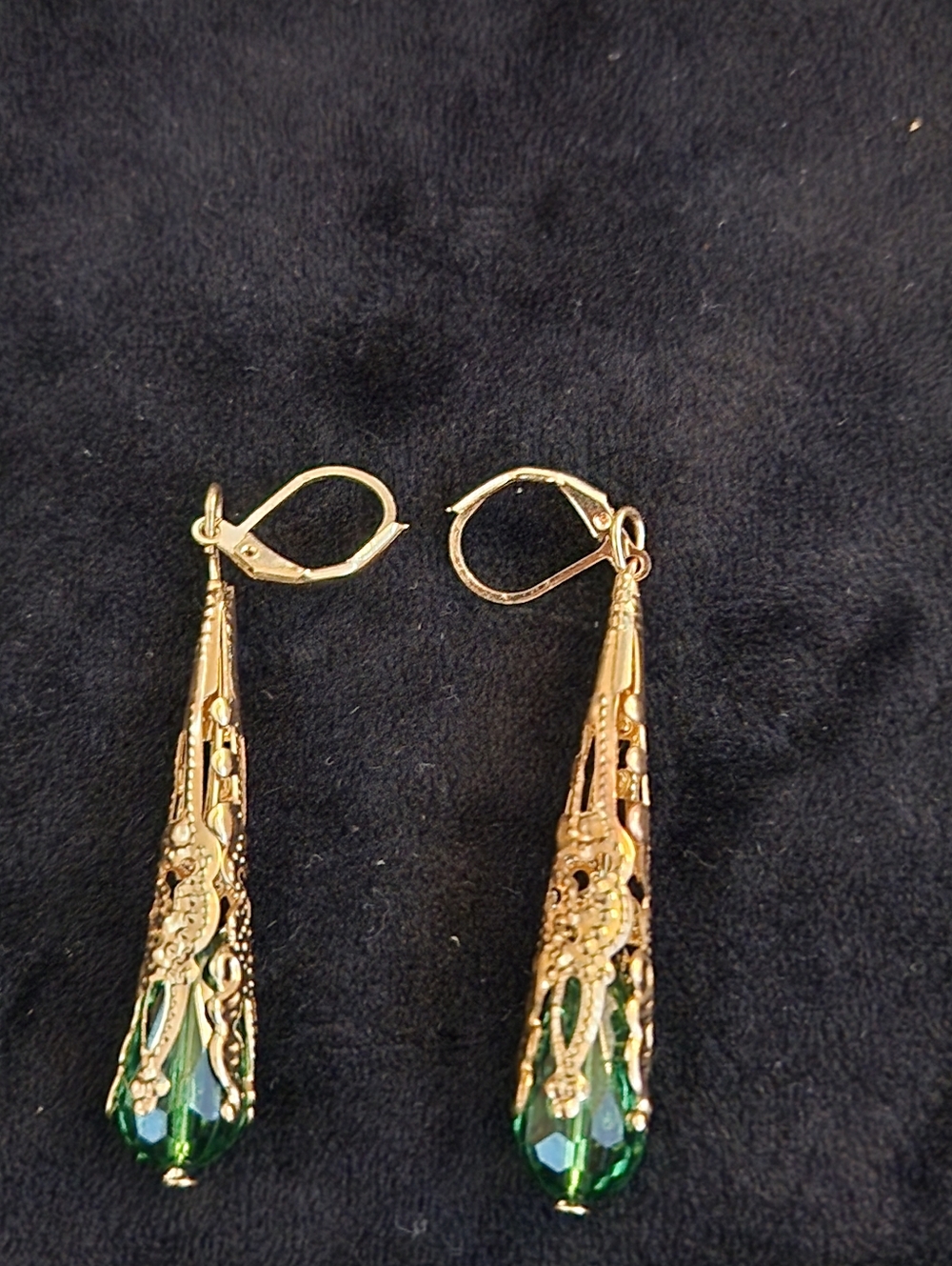 Gold-Tone Filigree Teardrop Earrings with Green Crystal Accent